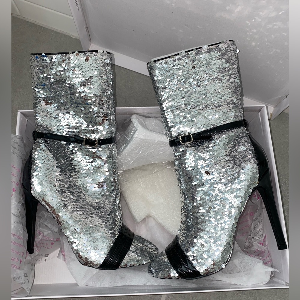 Cape Robbin silver black sequin stiletto sock boots heels Fun-1 HD2655 Strappy